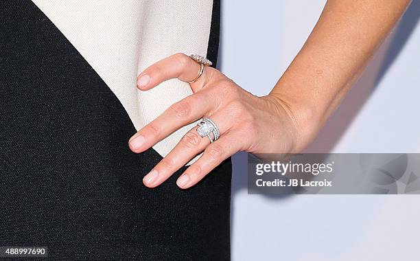 Reese Witherspoon, engagement ring detail, attends The Broad Museum inaugural celebration at The Broad on September 18, 2015 in Los Angeles,...
