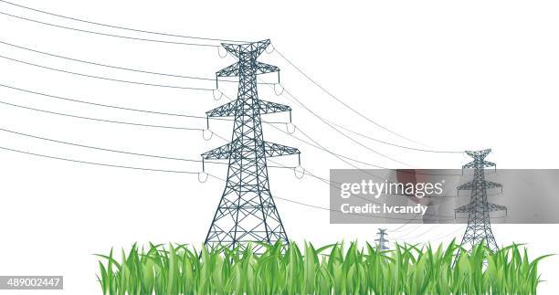 high voltage tower on grass - electricity pylon stock illustrations