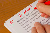 Hand and Red Pen Grading Papers with Excellent