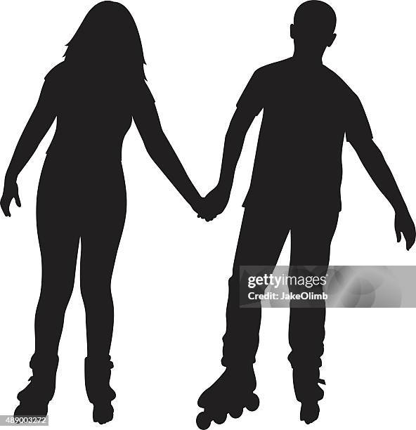 couple holding hands on rollerblades - inline skate stock illustrations