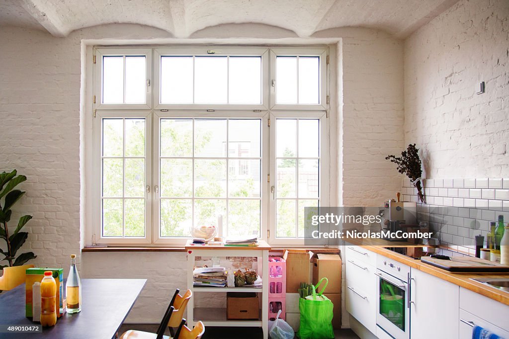 Window into sunny white European kitchen