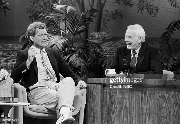 Pictured: Talk show host David Letterman during an interview with host Johnny Carson on April 18, 1986 --