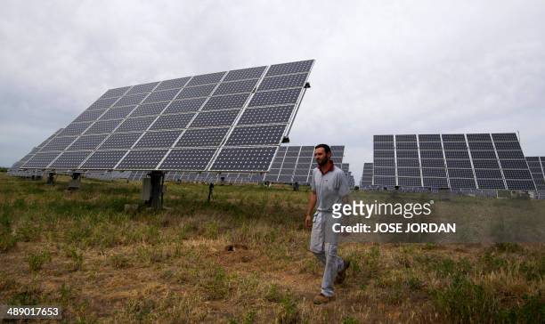 Worker walks in a field of solar panels in Mahora, near eastern Spanish city of Albacete on May 7, 2014. Spanish people who installed solar panels...