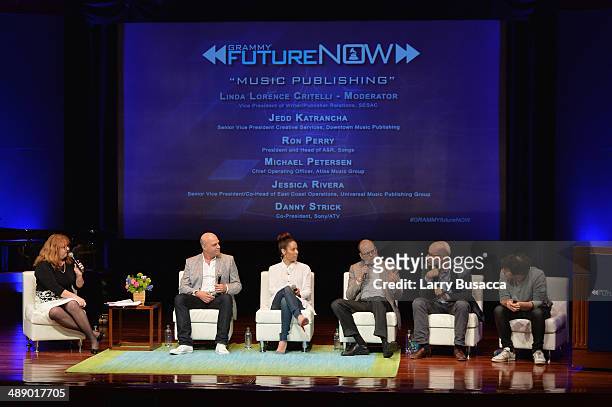 Linda Lorence Critelli, Michael Petersen, Jessica Rivera, Danny Strick, Jedd Katrancha, and Ron Perry speak onstage at FutureNOW at the Museum of...