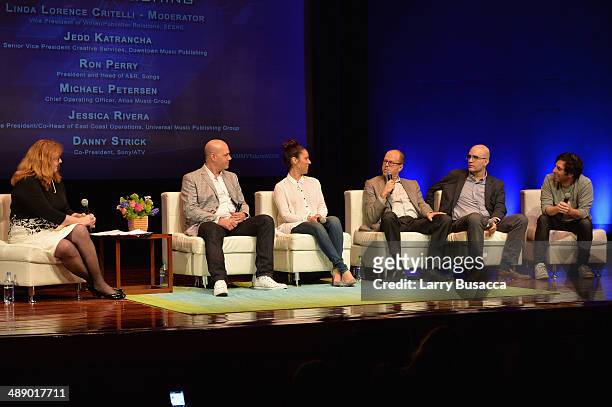 Linda Lorence Critelli, Michael Petersen, Jessica Rivera, Danny Strick, Jedd Katrancha, and Ron Perry speak onstage at FutureNOW at the Museum of...