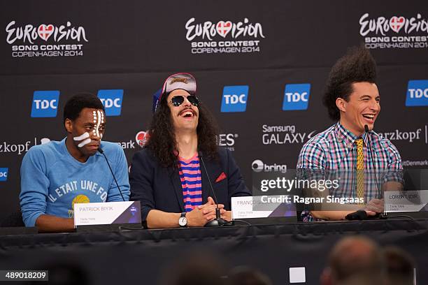 Patrick Biyik, Francois Djemel and Lorent Idir of the band Twin Twin from France attends a press conference ahead of the Grand Final of the...