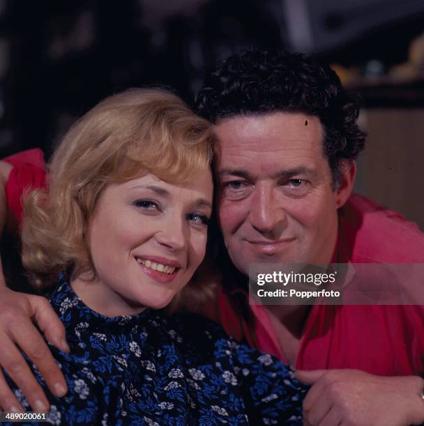 English actress Sylvia Syms posed with English actor John Gregson on the set of the television play 'Depart In Terror' in 1967.