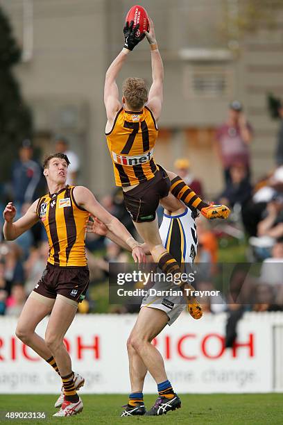 James Sicily of Box Hill marks the ball during the VFL Preliminary Final match between Box Hill Hawks and Sandringham at North Port Oval on September...