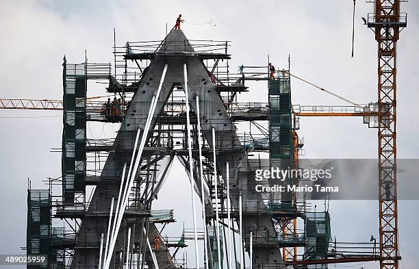 Work continues on the TransCarioca BRT bridge, which will cross Guanabara Bay, on May 9, 2014 in Rio de Janeiro, Brazil. The TransCarioca is part of...