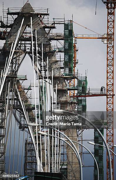 Work continues on the TransCarioca BRT bridge, which will cross Guanabara Bay, on May 9, 2014 in Rio de Janeiro, Brazil. The TransCarioca is part of...