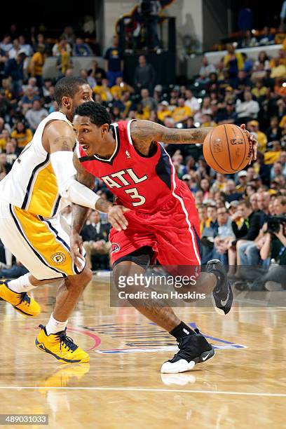 Louis Williams of the Atlanta Hawks drives against the Indiana Pacers in Game Five of the East Conference Quarter Finals of the 2014 NBA playoffs at...