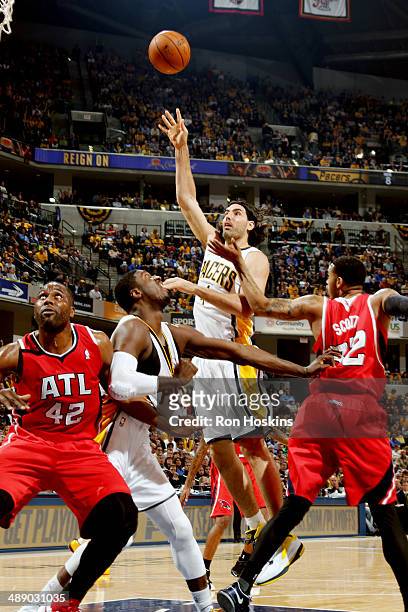 Luis Scola of the Indiana Pacers shoots against the Atlanta Hawks in Game Five of the East Conference Quarter Finals of the 2014 NBA playoffs at...