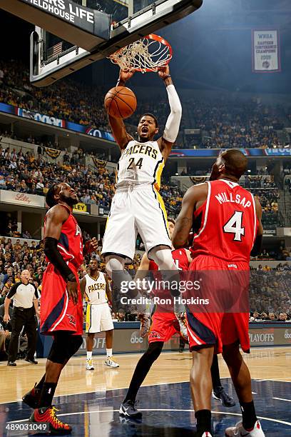 Paul George of the Indiana Pacers dunks against the Atlanta Hawks in Game Five of the East Conference Quarter Finals of the 2014 NBA playoffs at...