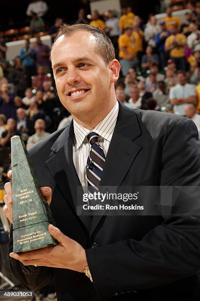 Frank Vogel Head Coach of the Indiana Pacers receives the 2014 Rudy Tomjanovich award before a game against the Atlanta Hawks in Game Five of the...