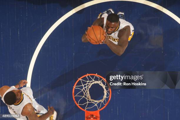 Lance Stephenson of the Indiana Pacers grabs a rebound against the Atlanta Hawks in Game Five of the East Conference Quarter Finals of the 2014 NBA...