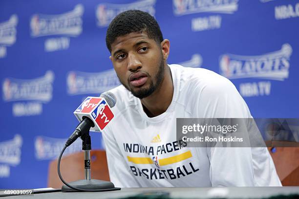 Paul George of the Indiana Pacers speaks to the media after a game against the Atlanta Hawks in Game Five of the East Conference Quarter Finals of...