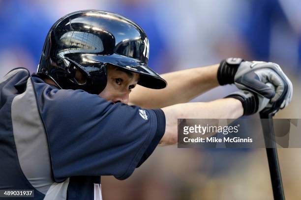Ichiro Suzuki of the New York Yankees takes batting practice before an interleague game against the Milwaukee Brewers at Miller Park on May 09, 2014...