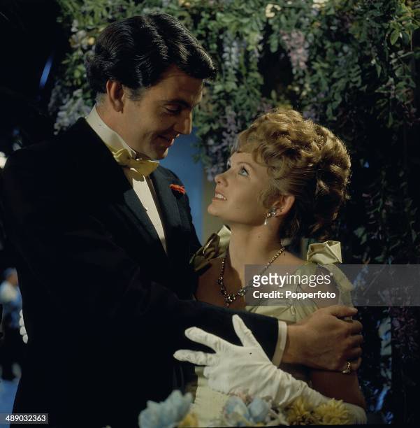 English actress Jennie Linden pictured with the actor James Villiers in a scene from the 1967 television production of the play 'Lady Windermere's...