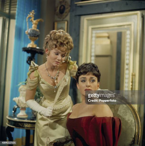 English actresses Jennie Linden and Barbara Jefford pictured in a scene from the 1967 television production of the play 'Lady Windermere's Fan'.