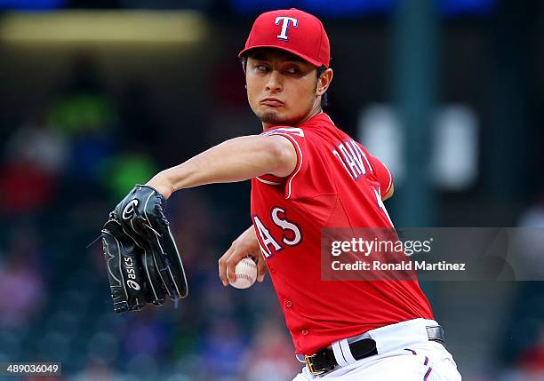 Yu Darvish of the Texas Rangers throws against the Boston Red Sox in the first inning at Globe Life Park in Arlington on May 9, 2014 in Arlington,...