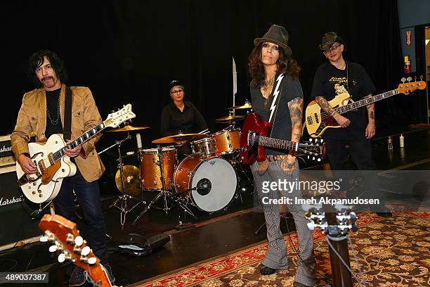 Musicians Roger Rocha, Dawn Ricardson, Linda Perry, and Christa Hillhouse of 4 Non Blondes pose before performing an intimate rehearsal session on...