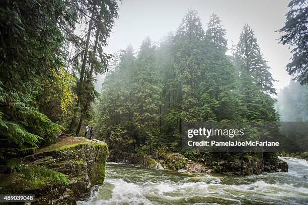 mother and daughter hikers enjoying forest view from rocky outlook - vancouver canada stockfoto's en -beelden