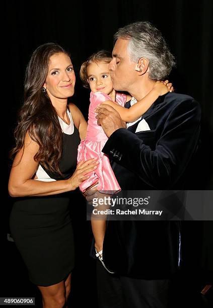 Andrea Bocelli wife Veronica Berti and daughter Virginia Bocelli photographed backstage as Andrea Bocelli gives a once-in-a-lifetime performance at...