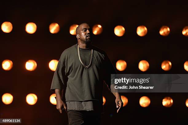 Musician Kanye West performs onstage at the 2015 iHeartRadio Music Festival at MGM Grand Garden Arena on September 18, 2015 in Las Vegas, Nevada.