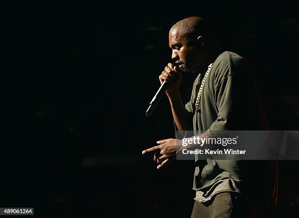 Musician Kanye West performs onstage at the 2015 iHeartRadio Music Festival at MGM Grand Garden Arena on September 18, 2015 in Las Vegas, Nevada.
