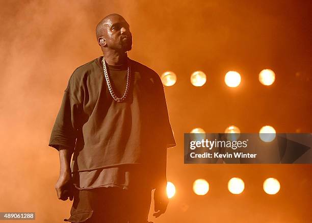 Musician Kanye West performs onstage at the 2015 iHeartRadio Music Festival at MGM Grand Garden Arena on September 18, 2015 in Las Vegas, Nevada.