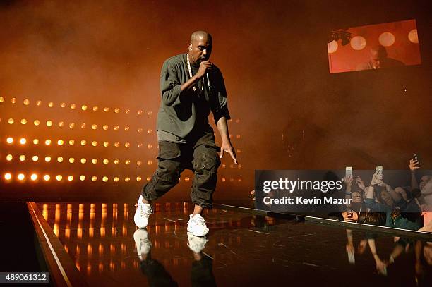 Musician Kanye West performs onstage at the 2015 iHeartRadio Music Festival at MGM Grand Garden Arena on September 18, 2015 in Las Vegas, Nevada.