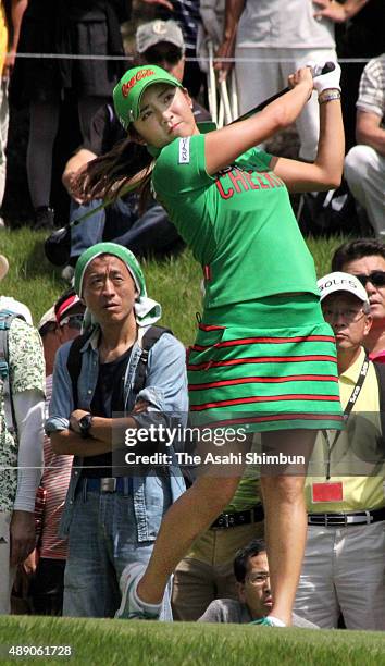 Lee Bo-Mee of South Korea hits a tee shot during the second round of the Golf 5 Ladies Tournament 2015 at the Mizunami Country Club on September 5,...