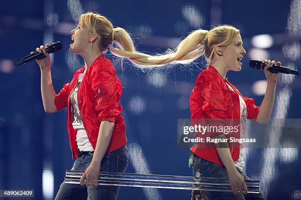 Anastasia Tolmachevy and Maria Tolmachevy of the Tolmachevy Sisters from Russia perform during a dress rehearsal ahead of the Grand Final of the...