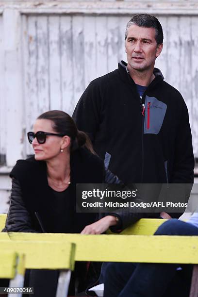 Carlton's Stephen Silvagni looks on with wife Jo during the TAC Cup Semi Final match between North Ballarat and Oakleigh Chargers at Ikon Park on...