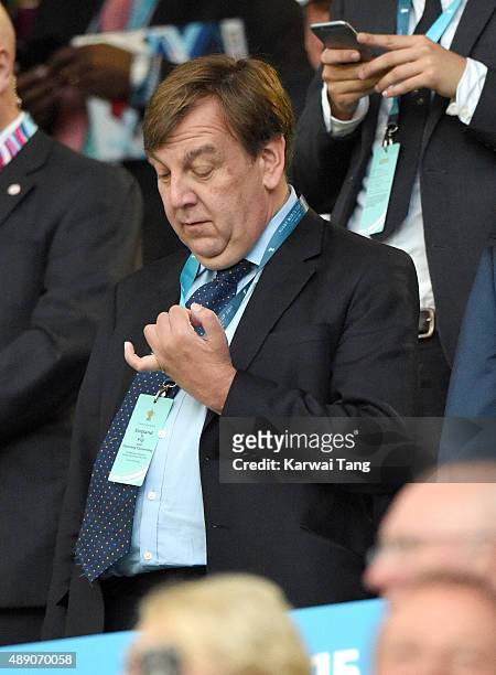 John Whittingdale MP attends the Opening Ceremony and first match of the Rugby World Cup 2015 between England and Fiji at Twickenham Stadium on...