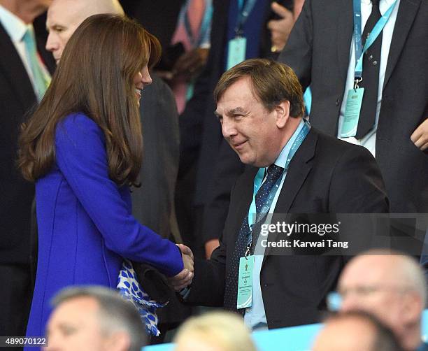 Catherine, Duchess of Cambridge and and John Whittingdale MP attend the Opening Ceremony and first match of the Rugby World Cup 2015 between England...