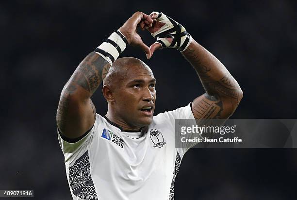 Nemani Nadolo of Fiji celebrates a try during the Rugby World Cup 2015 match between England v Fiji at Twickenham Stadium on September 18, 2015 in...