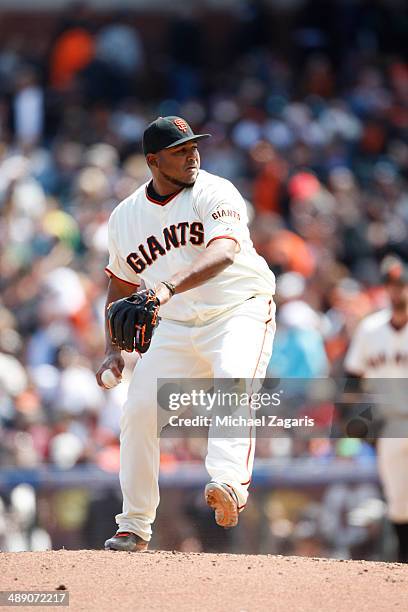 Jean Machi of the San Francisco Giants pitches during the game against the Cleveland Indians at AT&T Park on April 26, 2014 in San Francisco,...