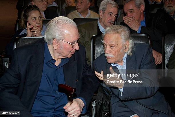 Manolis Glezos a hero of the resistance during World War Two talks with a colleague. Manolis Glezos is a candidate for the European Parliament with...