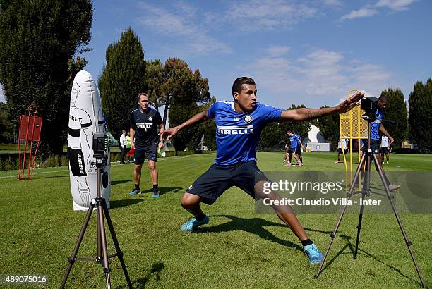 Jeison Murillo of FC Internazionale in action during a training session at the club's training ground at Appiano Gentile on September 19, 2015 in...