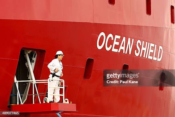 Crew member prepares for departure prior to ADV Ocean Shield slipping from the wharf at HMAS Stirling on May 10, 2014 in Rockingham, Australia. The...