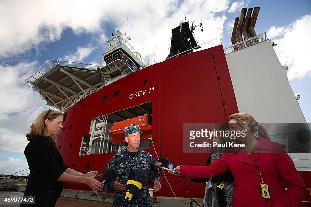 Captain Mark Matthews of the US Navy addresses the media prior to ADV Ocean Shield slipping from the wharf at HMAS Stirling on May 10, 2014 in...