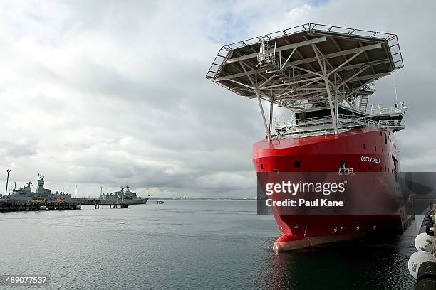 Ocean Shield slips from the wharf at HMAS Stirling on May 10, 2014 in Rockingham, Australia. The Australian Defence Vessel Ocean Shield is departing...