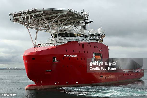 The ADV Ocean Shield slips from the wharf at HMAS Stirling on May 10, 2014 in Rockingham, Australia. The Australian Defence Vessel Ocean Shield is...