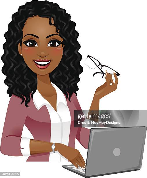 smart woman on laptop - curly hair stock illustrations