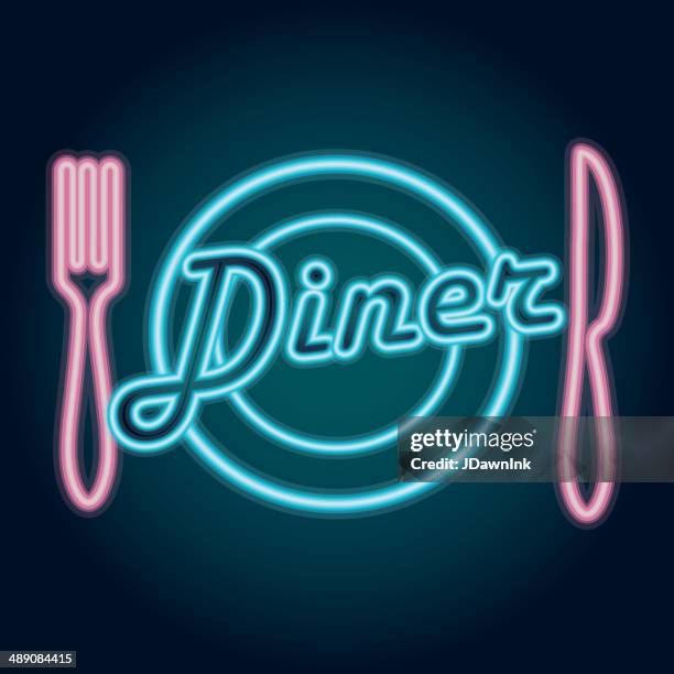 bildbanksillustrationer, clip art samt tecknat material och ikoner med late night retro diner restaurant placesetting neon sign - 50s diner