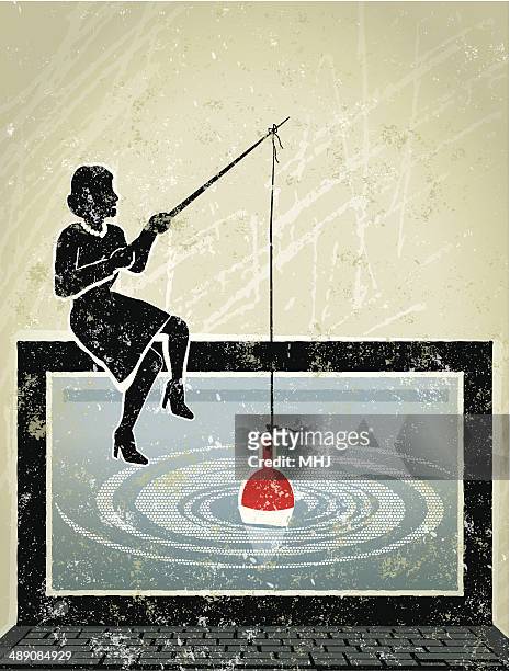 cybercrime little businesswoman phishing for information on computer laptop - vintage fishing lure stock illustrations