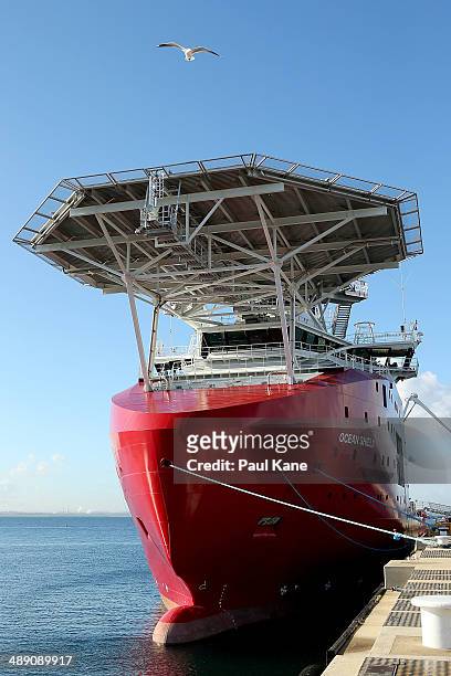 The ADV Ocean Shield is seen berthed at HMAS Stirling on May 10, 2014 in Rockingham, Australia. The Australian Defence Vessel Ocean Shield is...