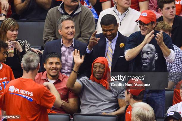 Bill Simmons, J. R. Martinez and Jalen Rose attend an NBA playoff game between the Oklahoma City Thunder and the Los Angeles Clippers at Staples...