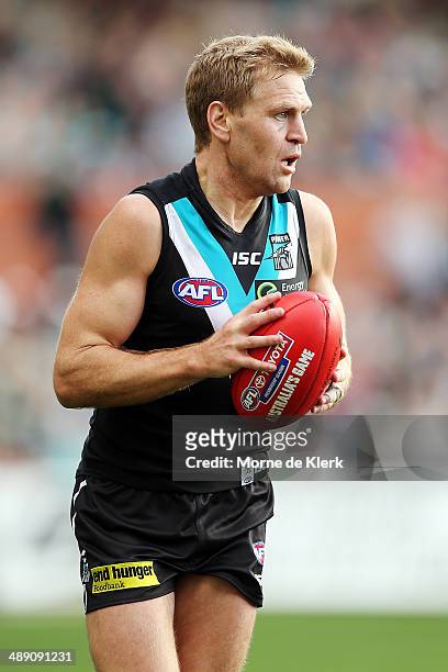 Kane Cornes of the Power looks on during the round eight AFL match between the Port Adelaide Power and Fremantle Dockers at Adelaide Oval on May 10,...